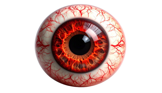 A close-up of a human eye with a fiery iris and a web of red veins, isolated on black