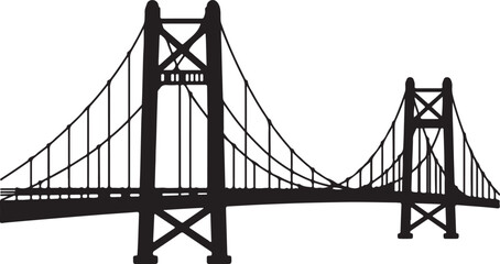 Fototapeta premium Silhouette illustration of a suspension bridge with towers and cables viewed from the side on a white background