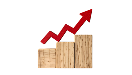 Wooden steps ascending with red arrow, symbolizing growth and progress