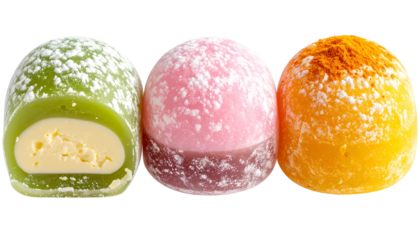 Three colorful, dusted mochi desserts, one cut to show a creamy filling