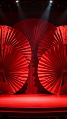 A vibrant red stage adorned with large fan-like decorative elements under dramatic spotlights.