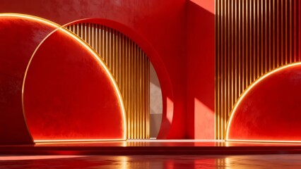 A striking modern interior design featuring bold red walls illuminated archways and vertical golden light strips creating a futuristic ambiance.