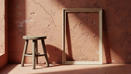 Rustic Interior with Wooden Stool and Leaning Picture Frame against Cracked Terracotta Wall for Mockup Display in Warm Sunlight Setting Minimal Design