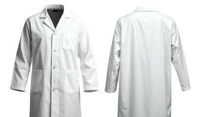A front and back view of a white lab coat, clean and professional, against a dark background