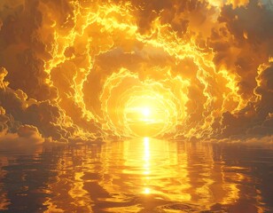 Portal of golden light reflected in calm water