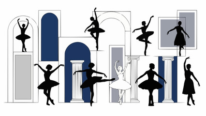Ballet dancers performing graceful poses against architectural elements. © Bakti