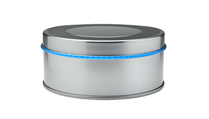 Metallic container with a blue band, on a black backdrop. Clean, simple, and isolated