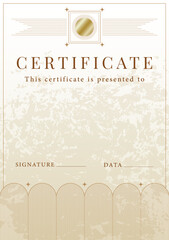 Vintage classic certificate template in gold and beige with copy space for signature and date. Graphic design for awards, diplomas, gift vouchers, official documents. Hand drawn vector illustration.