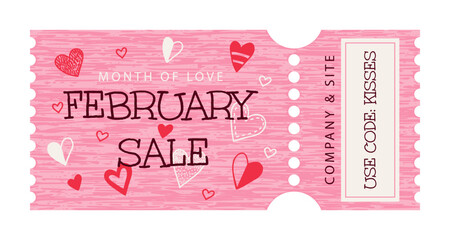 Valentine's day sale coupon ticket template. Design for marketing, advertising, websites, emails, or social media posts. Hand drawn vector illustration.