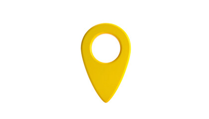 A glossy yellow location pin with a circular hole, centered on a black background