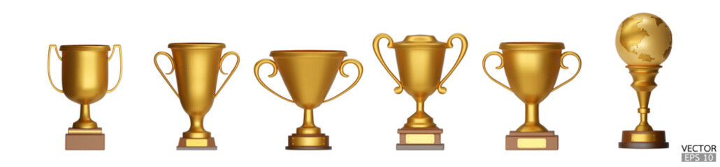 Set of 3d trophy cups gold isoleted on white background. Gold award cups, Winner golden cups. 3D vector illustration.