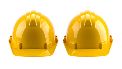 Two identical yellow safety helmets, front and back views, against a black background