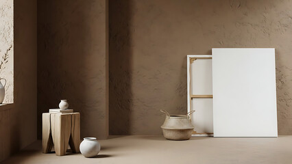 Contemporary Interior with Blank Canvas Leaning against Wall and Neutral Tones with Basket and Modern Decor in Home Setting Empty Template Design