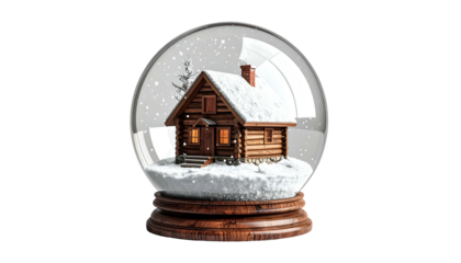 A snow globe with a cozy log cabin on a snowy base, isolated on black
