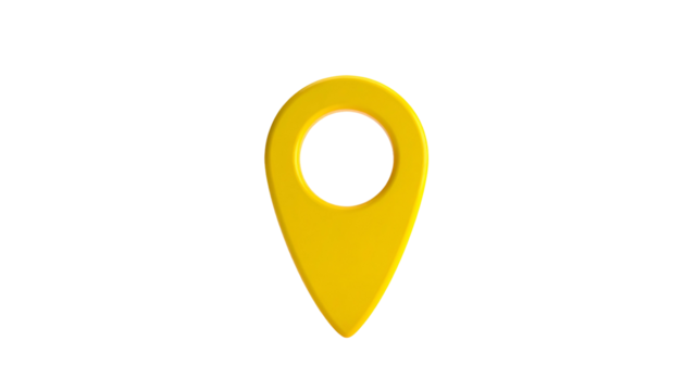 A glossy yellow location pin with a circular hole, centered on a black background - Powered by Adobe