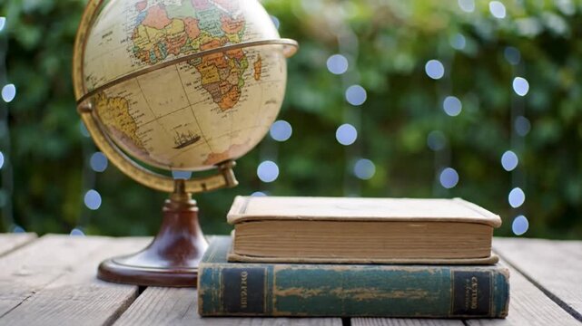 This serene video features a vintage-style globe prominently displayed on a rustic wooden surface, situated next to a stack of aged, textured books. The setting is bathed in soft, natural light, with 