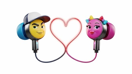 Obraz premium Cartoon Earphones Emit Love Symbol Charmingly Together