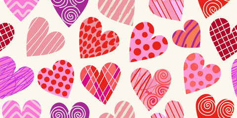 A vibrant pattern of colorful hearts with varied designs and textures