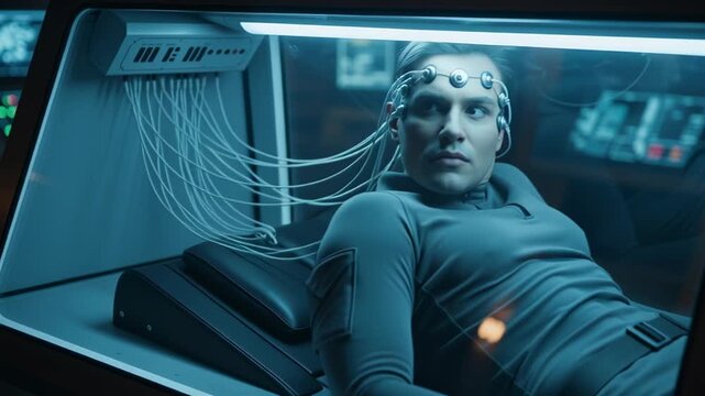 Futuristic Woman in Sci-Fi Pod with Neural Interface.