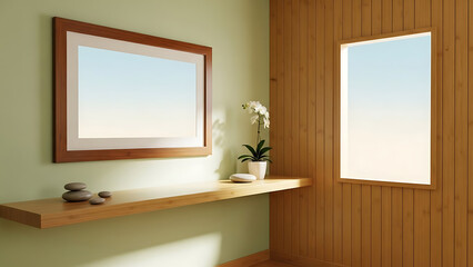 Minimalist Room with Wooden Frame and Flower Display Near Window Simple Zen Interior Design Natural Light 150 Characters