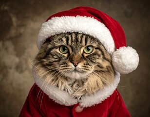 Portrait of a fluffy cat in a Santa Claus suit