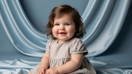 Smiling Infant Portrait Light Dress Soft Blue Fabric Backdrop