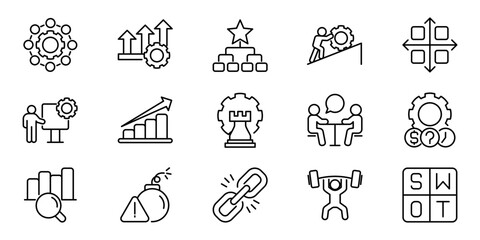 Fototapeta premium Comprehensive Vector Outline Icons for Business Strategy, Management, Growth, Analytics, Teamwork, and Problem Solving Concepts