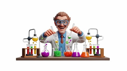 Scientist happily experiments with colorful beakers and flasks
