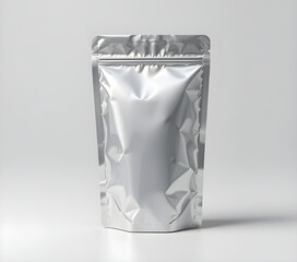 Blank White Glossy Stand-Up Pouch Mockup with Zipper Seal: Realistic 3D Foil Packaging Template for Food, Coffee, Snacks, and Cosmetics Brand Presentation