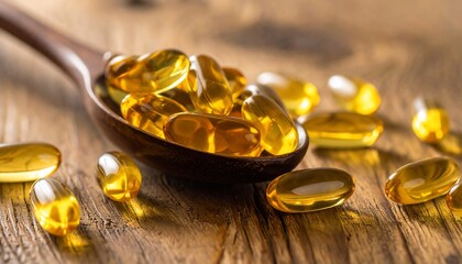 Close-up of golden capsules in a wooden spoon, spilled on a rustic wood surface