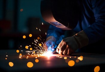 Skilled welder wearing protective mask fuses metal with precision, creating bright sparks during industrial fabrication, showcasing craftsmanship, safety, engineering expertise, and modern.
