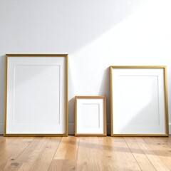 Three empty framed artworks lean against a plain white wall on a wood floor, lit by sunlight
