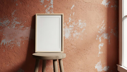 Blank frame mockup on wooden stool against textured coral wall with window light creates minimalist aesthetic for presentation design