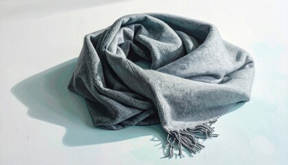 A soft, light-grey scarf, folded on a teal-tinted surface, with a shadow
