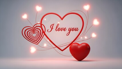 Three dimensional artistic rendering featuring a large central red heart outline with glowing lights and cascading concentric hearts expressing deep romantic affection on a soft background