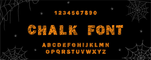 English alphabet crayon. Scary Halloween font. Playful and childlike typescript. Funky chalk texture for party, invitation. Vector illustration.