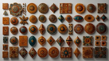 Creative ethnic shapes floating on white background