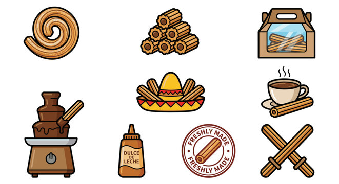 Cartoon Churro Vector Icons Set. Mexican Street Food Dessert with Chocolate Fountain, Dulce de Leche and Coffee. Sweet Fried Dough Snack Illustration Collection.
