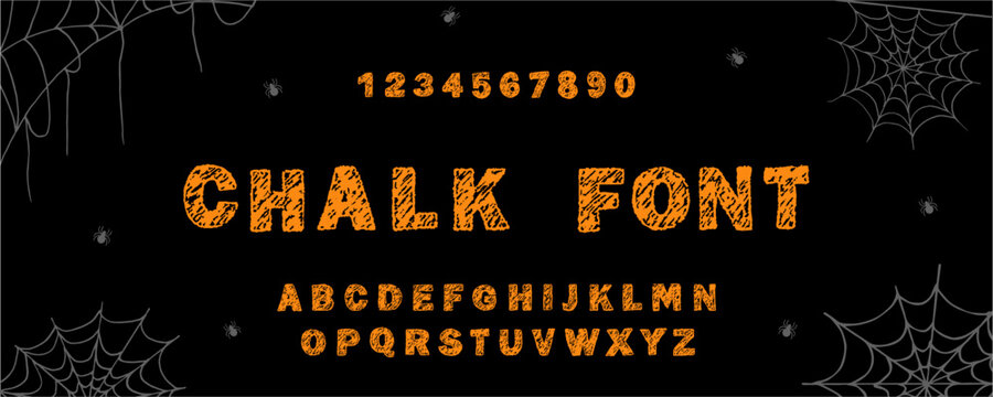 English alphabet crayon. Scary Halloween font. Playful and childlike typescript. Funky chalk texture for party, invitation. Vector illustration.