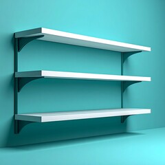 Three empty, white shelves are mounted against a vibrant turquoise wall. The shelves have dark, angled supports creating shadows