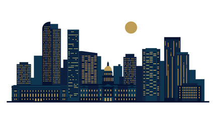 Fototapeta premium Night time Denver skyline vector flat illustration with illuminated skyscrapers and State Capitol dome. Dark blue city landscape silhouette with moon and windows.