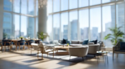 Bright blurred office background with glass walls and desks in modern coworking space for business presentation or digital design use with blur