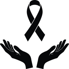 Awareness Ribbon with Helping Hands Line Vector on Transparent Background