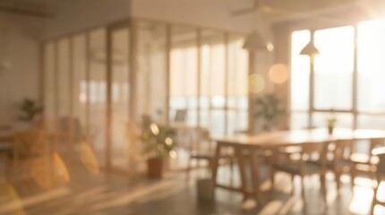 Bright blurred office background with glass walls and desks in modern coworking space for business presentation or digital design use with workplace
