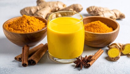 Close-up of golden drink, spices, and ingredients for making it