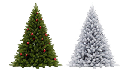 Two christmas trees one green with red ornaments and one white frosted isolated on transparent background