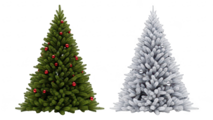 Two christmas trees one green with red ornaments and one white frosted isolated on transparent background