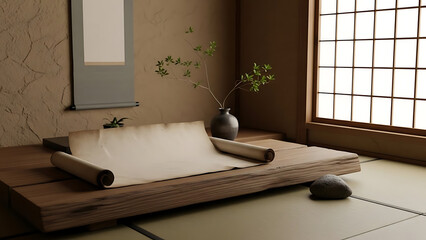 Japanese zen room interior featuring tatami mats and scroll with soft light adding peaceful vibe to simple and minimalist asian inspired design