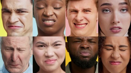 A captivating collage captures diverse individuals displaying various emotions. The contrasting colors add depth, showcasing joy, sadness, anger, and surprise in each unique portrait.