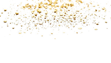 Golden particles falling from top on isolated transparent background with empty space